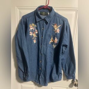 Orvis 100% Cotton Denim Hummingbird Button Up Long Sleeve Size M